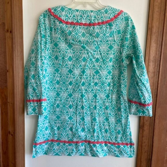 VINEYARD VINES Tunic Dress Geo Torquoise Print Coral Trim V Neck Long Sleeve S - Picture 11 of 17